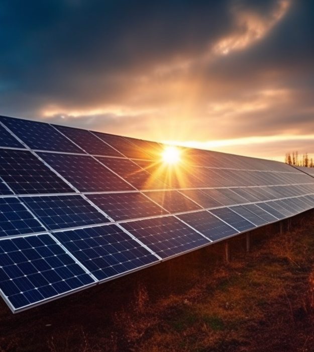 Sunset sky reflects solar panel sustainable power generation generated by artificial intelligence